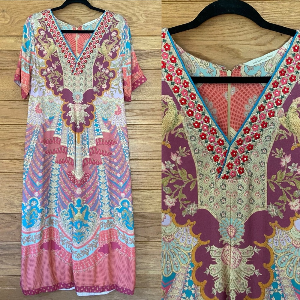 Soft Surroundings floral embroidered neckline paisley bird print caftan dress